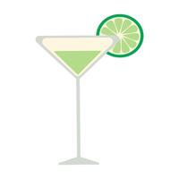 A glass of green liquid with a lime wedge on top. The glass is tall and slender, and the lime wedge is positioned at the top right corner of the glass vector