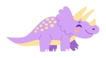 A purple dinosaur with yellow spots is smiling. It has three horns on its head. The dinosaur is walking on a white background vector