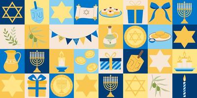 A colorful collage of Jewish symbols and food. The collage is made up of squares and rectangles vector