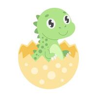 A green dinosaur is sitting in an egg. The dinosaur is smiling. The egg is yellow. The dinosaur is looking at the camera vector