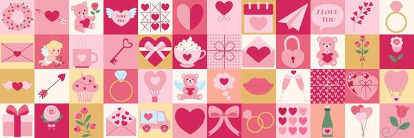 A pink and gold background with many different shapes and symbols. There are many hearts, a cupcake, a teddy bear, a key, a ring, a cup, a bottle, a balloon, a rose, a cupcake vector