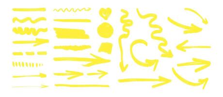 A set of yellow arrows and other shapes. Some of the arrows are pointing left, right, up, and down vector