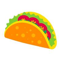 A taco with lettuce, tomatoes, and cheese. The lettuce is green and the tomatoes are red vector