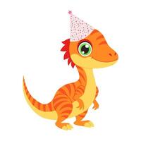 A cartoon dinosaur with a party hat on. The hat is decorated with sprinkles. The dinosaur is standing on a white background vector
