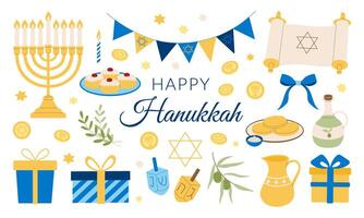 A colorful image of Hanukkah decorations and food. The image is titled Happy Hanukkah and features a variety of symbols and items associated with the holiday vector