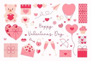A collection of Valentine's Day themed images including hearts, balloons, and a teddy bear. The image is pink and features a happy Valentine's Day message vector