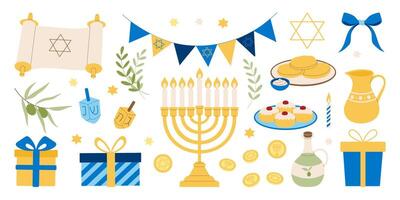 A collection of Jewish symbols and food items. The symbols include a menorah, a Star of David, and a Torah scroll. The food items include a cake, a cupcake, and a bowl of fruit vector