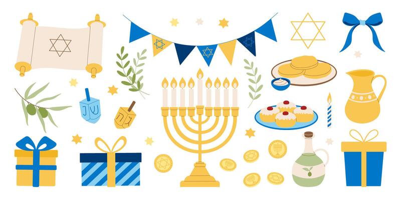 A collection of Jewish symbols and food items. The symbols include a menorah, a Star of David, and a Torah scroll. The food items include a cake, a cupcake, and a bowl of fruit