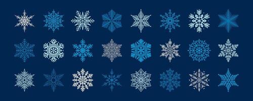 A collection of various snowflakes in shades of white and blue on a dark blue background. Each snowflake is unique, featuring abstract geometric elements. Christmas design of winter icons vector