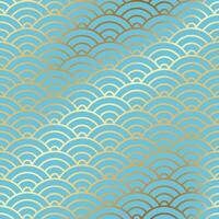A seamless oriental pattern of golden lines forming a geometric wave design on a turquoise background. Traditional asian style Seigaiha sea wave motifs for backgrounds, textiles or decorative designs vector