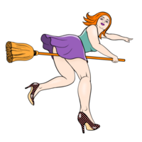 A smiling attractive young witch in a short skirt and shiny high-heeled shoes flies on a broomstick and points her finger into the distance. png