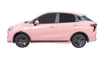 Side view of pink mini or small electric hatchback car isolated on white background with clipping path photo