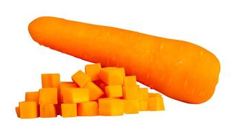 Fresh range carrot roots with slices or pieces in cube shape in heap isolated on white background with clipping path photo