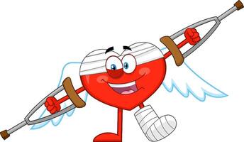 Red Heart Cartoon Character With Crutches And Plastered Leg vector