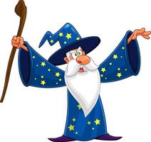 Old Wizard Cartoon Character With A Cane Making Magic vector