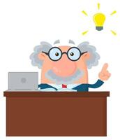 Professor Or Scientist Cartoon Character Behind Desk With A Big Idea vector