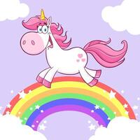 Cute Magic Unicorn Cartoon Mascot Character Running Around Rainbow With Clouds vector