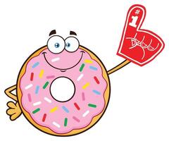 Smiling Donut Cartoon Mascot Character With Sprinkles Wearing A Foam Finger vector