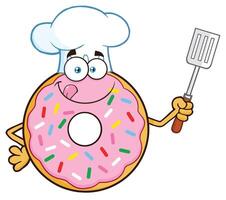 Chef Donut Cartoon Mascot Character With Sprinkles Holding A Slotted Spatula vector