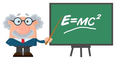 Professor Or Scientist Cartoon Character With Pointer Presenting Einstein Formula vector