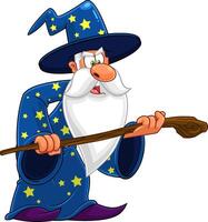 Old Wizard Cartoon Character With A Cane Making Magic vector