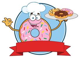 Chef Donut Cartoon Mascot Character With Sprinkles Circle Label Design vector