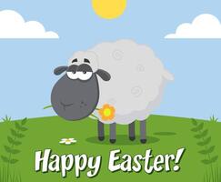 Black Sheep Cartoon Character With A Flower. Illustration Flat Design With Background And Text vector