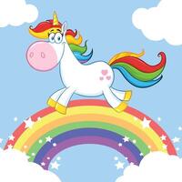 Smiling Magic Unicorn Cartoon Mascot Character Running Around Rainbow With Clouds vector