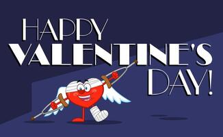 Broken Heart Cartoon Character With Crutches And Plastered Leg. Illustration With Background And Text vector