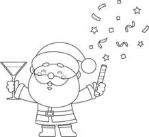 Outlined Cute Santa Claus Cartoon Character Holding A Champagne Glass And A Party Popper vector