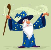 Old Wizard Cartoon Character With A Cane Making Magic. Illustration With Background vector