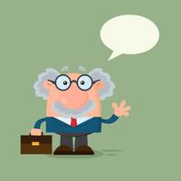 Professor Or Scientist Cartoon Character Waving With Speech Bubble vector