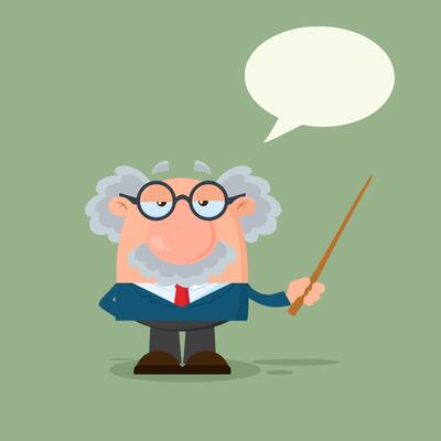Professor Or Scientist Cartoon Character Holding A Pointer With Speech Bubble