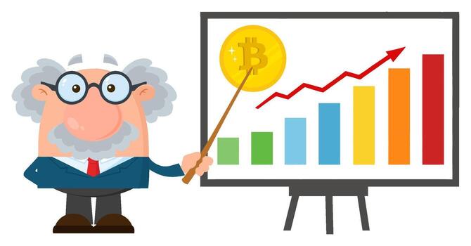 Professor Or Scientist Cartoon Character With Pointer Discussing Bitcoin Growth With A Bar Graph vector