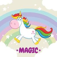 Smiling Magic Unicorn Cartoon Mascot Character Running Around Rainbow With Clouds vector