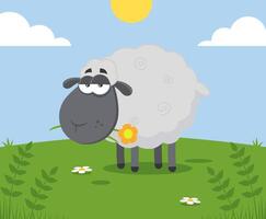 Black Sheep Cartoon Character With A Flower. Illustration Flat Design With Background vector
