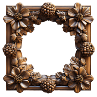 wooden frame . exquisite wooden frame with intricate detailing full of cones and flowers for picture placement . wooden border frame top view flat lay isolated. picture frame with empty center png