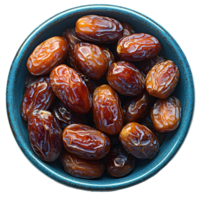 Dates in bowl . Bowl full of dates top view . bowl with date fruit flat lay isolated. organic, healthy, vegan, vegetarian dates full of vitamins isolated png