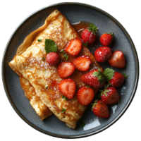 Strawberry crepes on plate top view . Pancakes with strawberry jam flat lay . Strawberry dessert full of strawberries isolated. Strawberry crepe . Strawberry pancake png