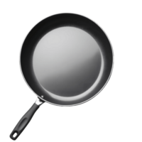 A black pan with a silver handle sits on a transparent background png