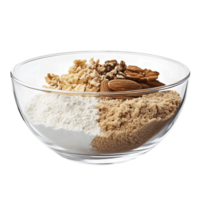 A bowl of nuts and flour is shown on a transparent background png