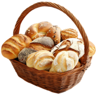 A basket of breads with a variety of shapes and sizes png