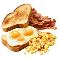 A breakfast plate with a piece of toast, bacon, and eggs png