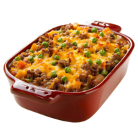 A red casserole dish filled with meat and cheese and peas png