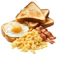 A breakfast plate with eggs, bacon, and toast png