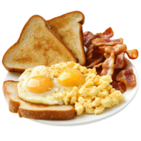 A plate of breakfast food with eggs, bacon, and toast png