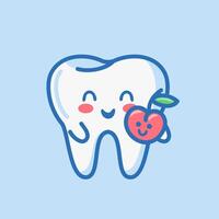 Adorable character, tooth with apple. The concept of the connection between proper nutrition and dental health. kawaii style. Ideal for medical brochure templates. vector