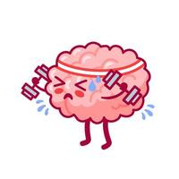 The brain in a headband with dumbbells is training. Cute character in kawaii style. Healthy organ, nervous system. illustration, flat style. mental health. Back to school. Cognitive function vector