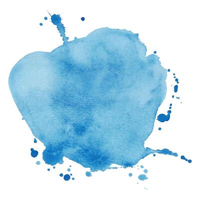 Artistic Blue Watercolor Splatter and Ink Drops on White Background. Hand painted aquarelle splash with drops stains