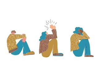 Mental disoder. Young people sitting on the floor. vector